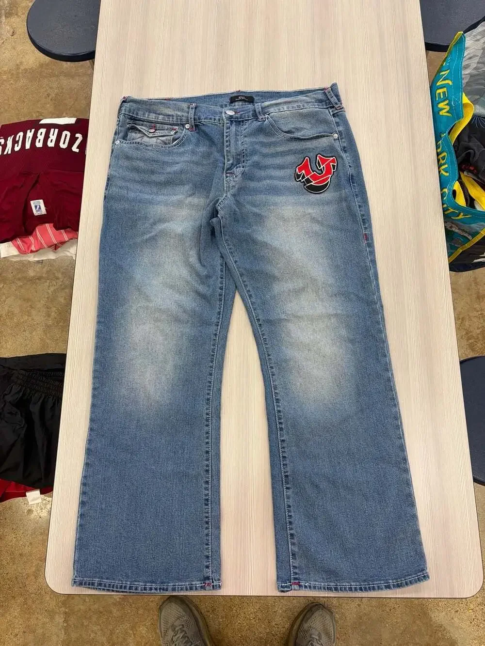 True Religion Vintage Men's Bootcut Flap Pocket Jeans with Contrast Stitching